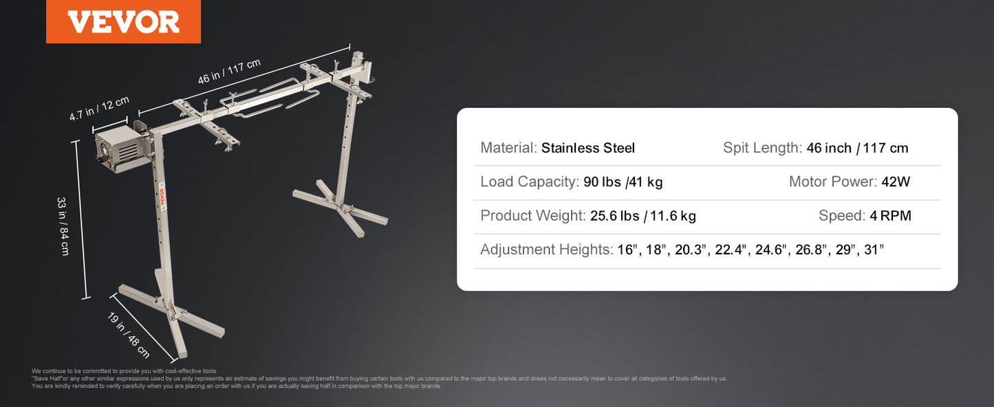 VEVOR Electric BBQ Rotisserie Heavy Duty Grilling Kit, Motor and Height Adjustable Universal Roaster