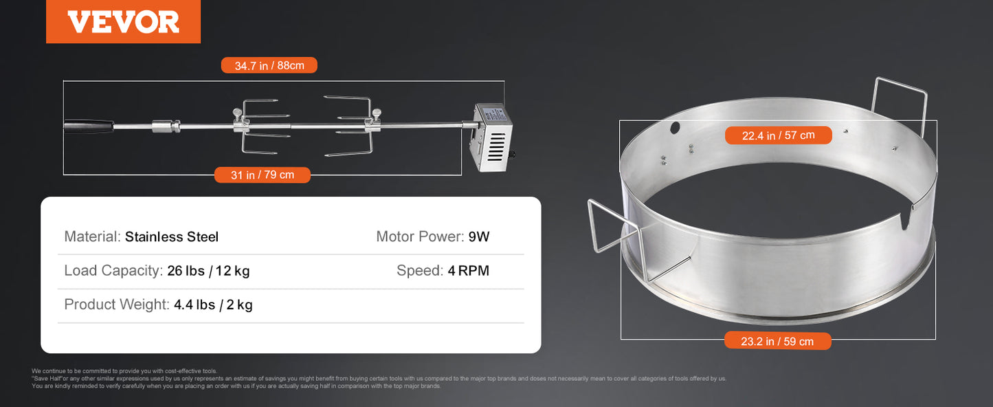 VEVOR Universal Grill Rotisserie Kit for Grills, Electric BBQ Grill with 9W Motor, Stainless Steel