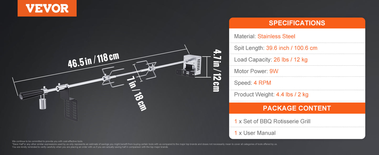 VEVOR Universal Grill Rotisserie Kit for Grills, Electric BBQ Grill with 9W Motor, Stainless Steel