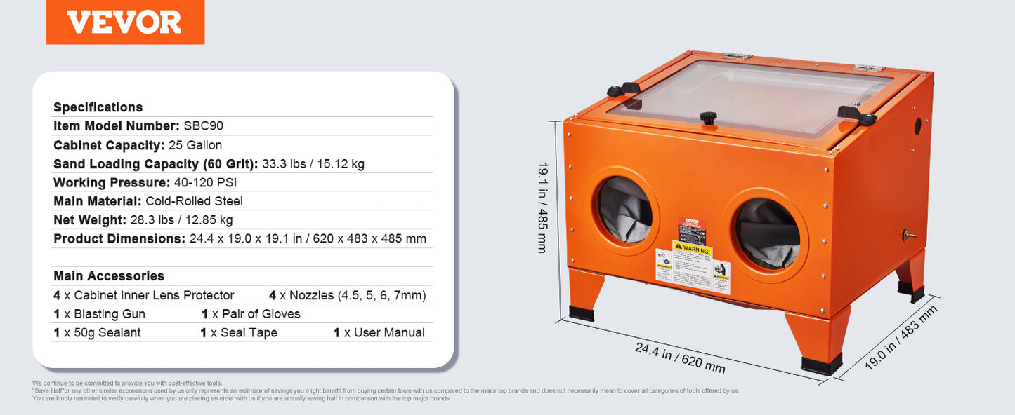 VEVOR 25 Gallon Sandblasting Cabinet Portable Benchtop Sand Blaster with Blasting Gun Nozzles