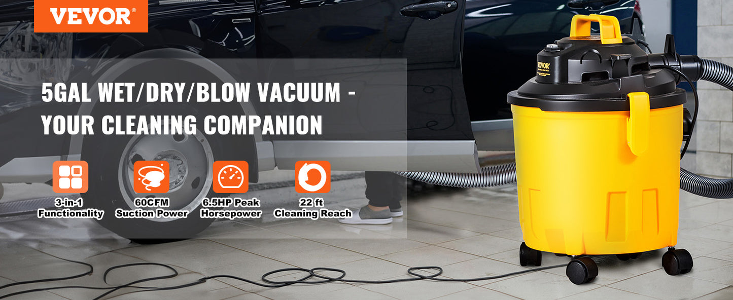 VEVOR Shop Vacuum Wet And Dry 5 Gallon 6 Peak HP Wet/Dry Vac Powerful Suction w/Blower Function