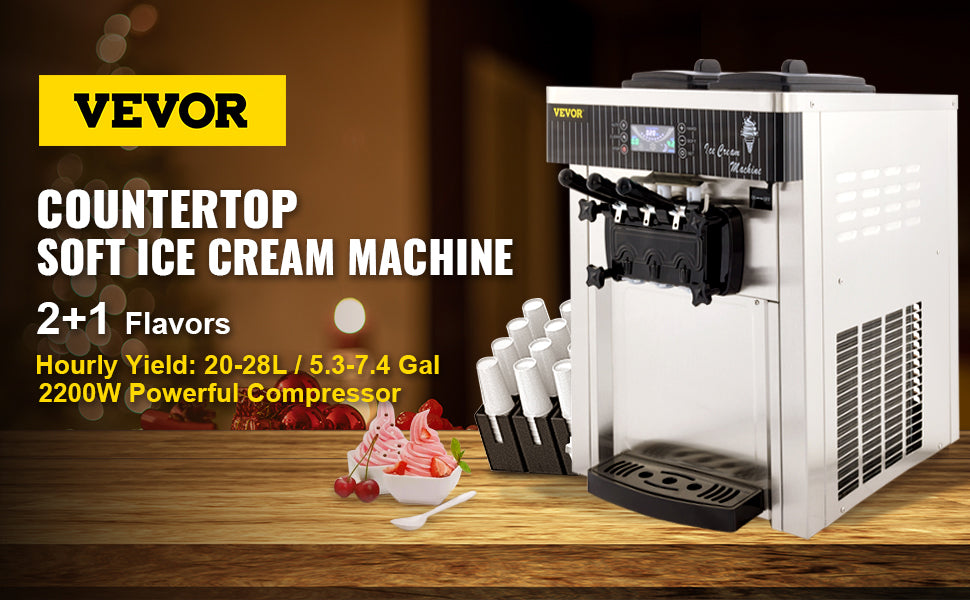 VEVOR 28L/H Soft Ice Cream Machines Commercial Sorbet Coolers Tricolor Desktop Sweet Cone