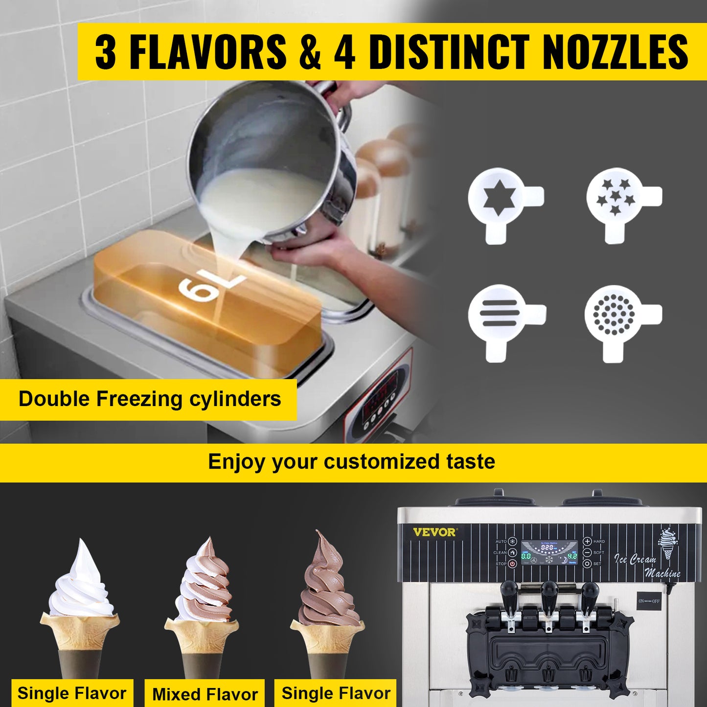 VEVOR 18-28L/H Soft Ice Cream Machines Commercial Sorbet Tricolor Desktop Cone Freezing Equipment