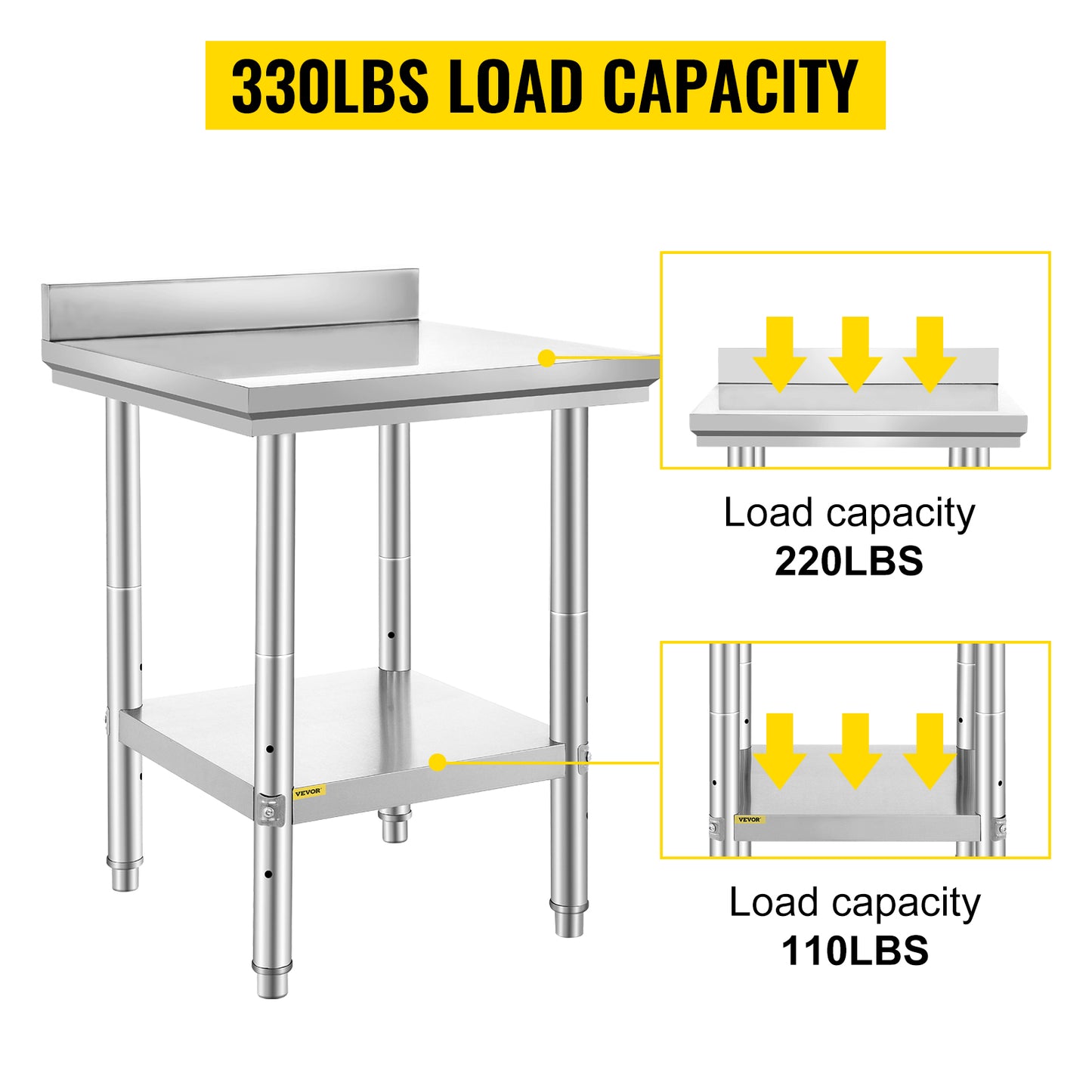 VEVOR Kitchen Work Bench Commercial Catering Worktable/Undershelf Stainless Steel 330LBS 286LBS