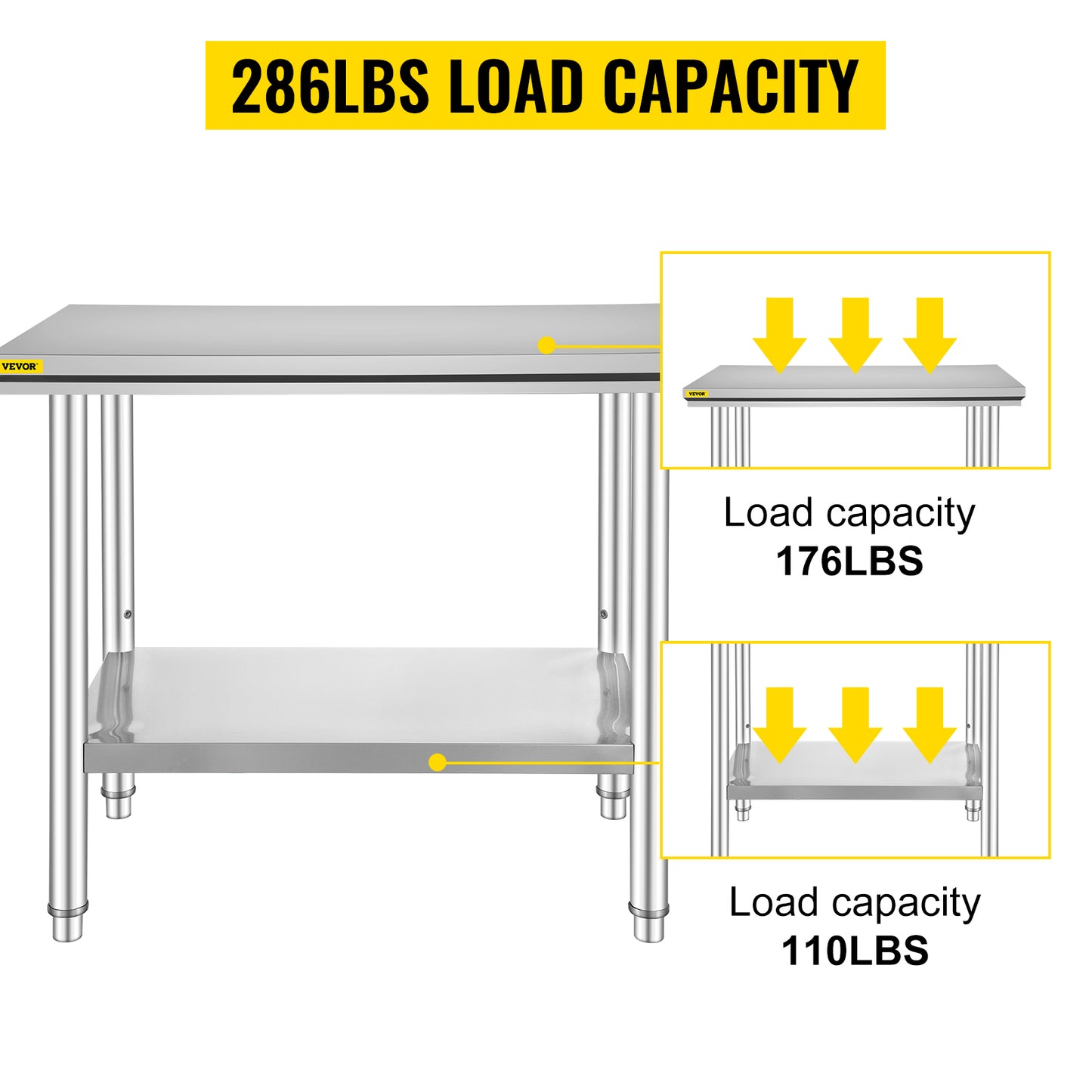 VEVOR Kitchen Work Bench Commercial Catering Worktable w/Undershelf Stainless Steel 330LBS 286LBS