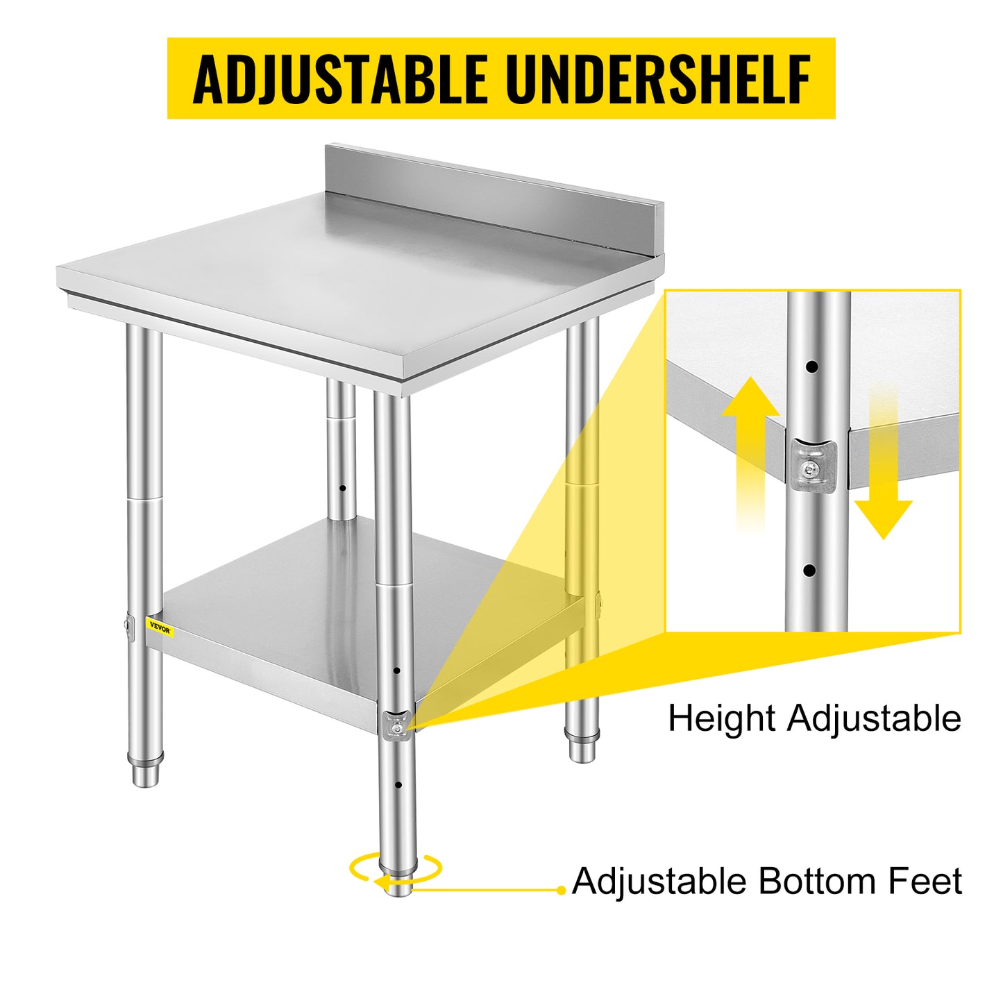 VEVOR Kitchen Work Bench Commercial Catering Worktable/Undershelf Stainless Steel 330LBS 286LBS