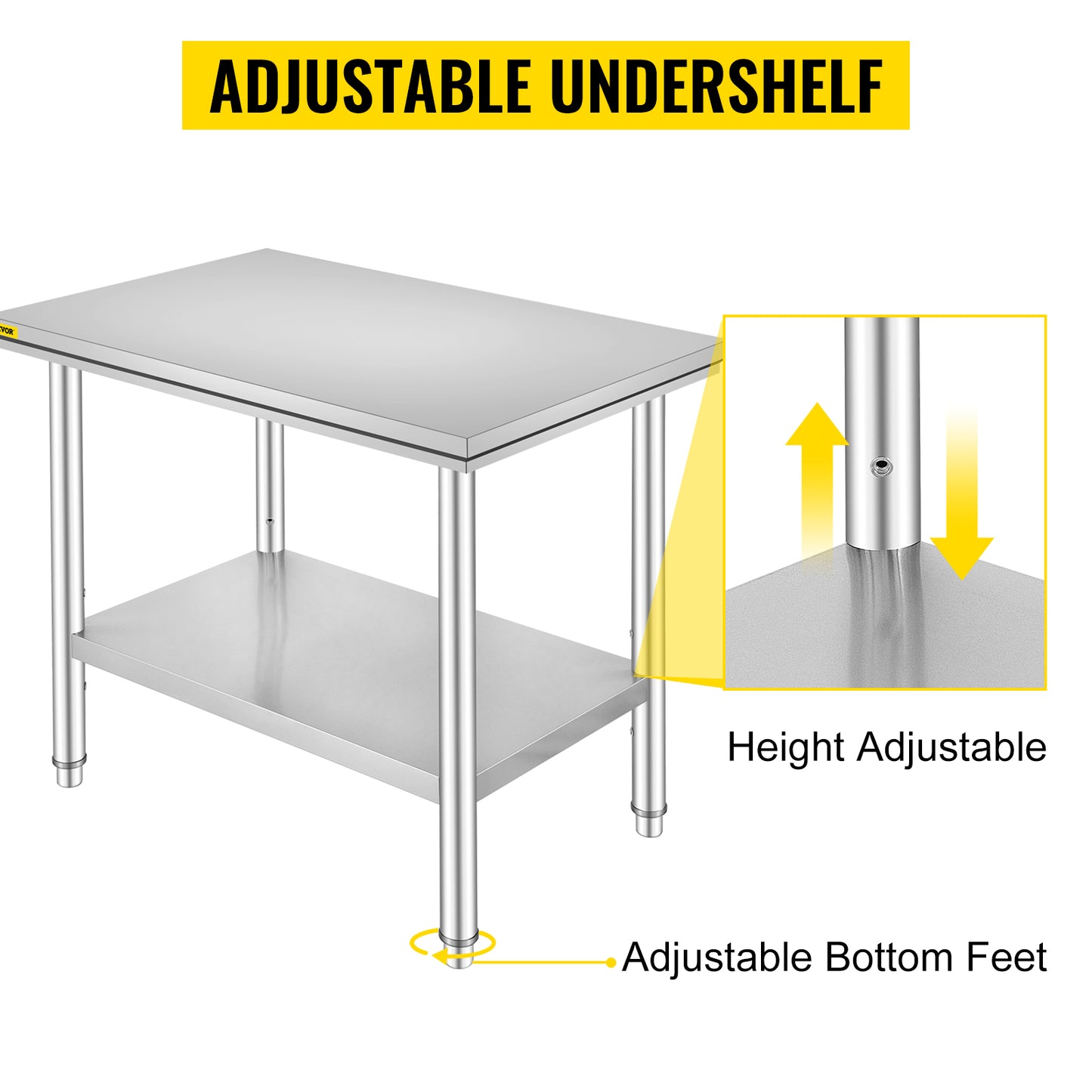 VEVOR Kitchen Work Bench Commercial Catering Worktable w/Undershelf Stainless Steel 330LBS 286LBS