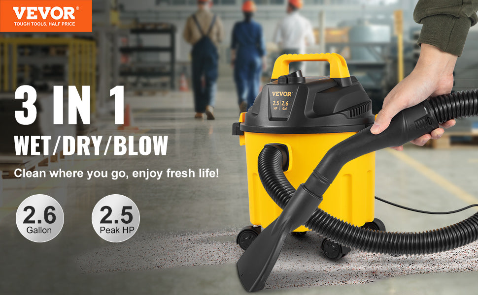 VEVOR Wet Dry Vac 2.6 Gallon 2.5 Peak HP 3 in 1 Portable Shop Vacuum w/Blowing Function