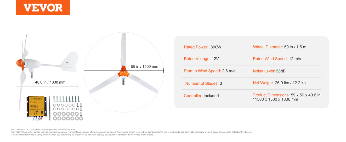 VEVOR 500W/800W Wind Turbine Generator 12V Wind Turbine Kit Wind Power Generator w/MPPT Controller